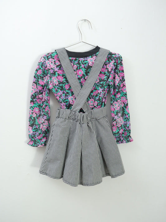 Vintage Black Plaid Suspender Skirt + Floral Top Outfit SET / 4-5Y
