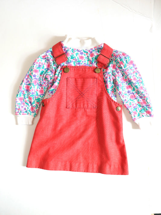 Vintage Buster Brown Red Overall Dress + Floral Top Outfit SET / 18-24M