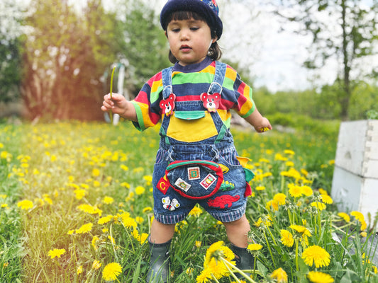 Vintage 80s Multi Colour Block Denim Short Overall / 2Y