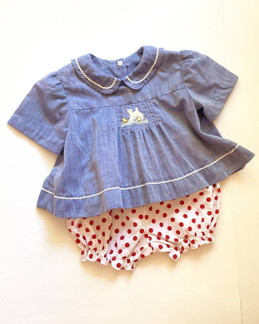 Chambray vintage baby embroidery shirts + shorts SET / Size 6-12M