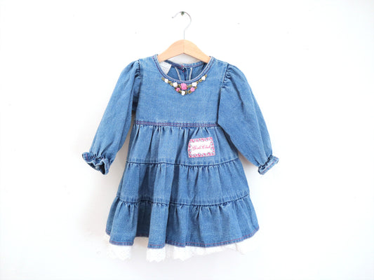 Vintage kids GIRLS CLUB denim frilled dress / Size 24M