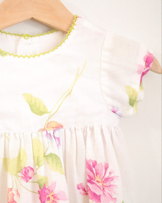Retro baby girl floral white linen dress / Size 6M