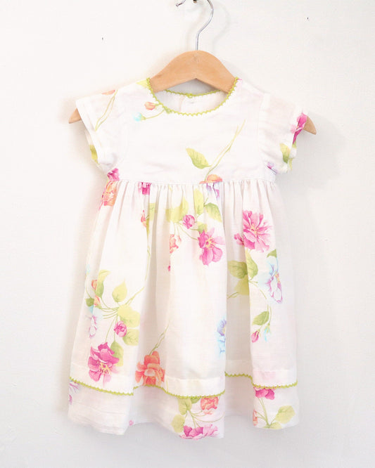 Retro baby girl floral white linen dress / Size 6M