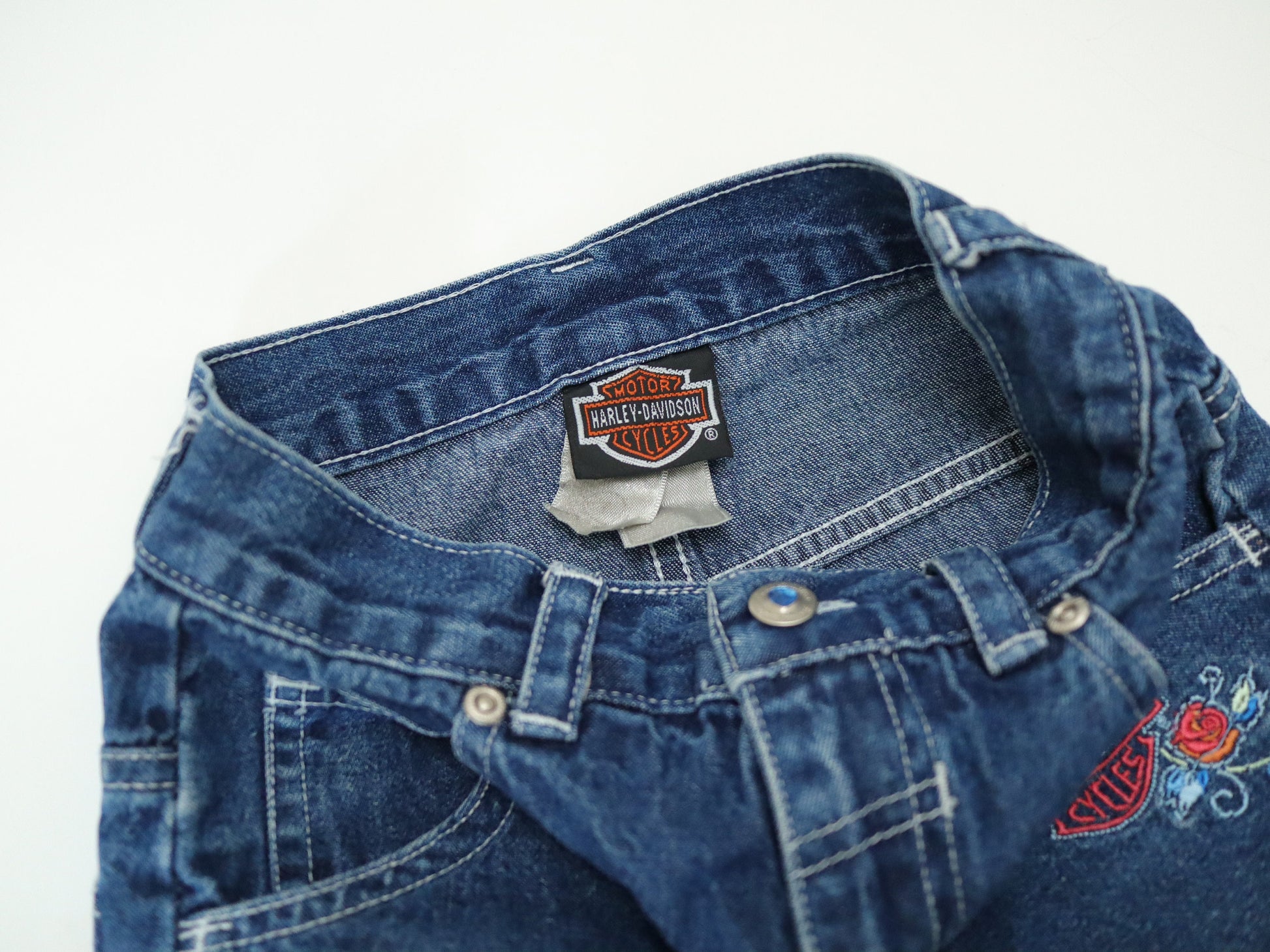 Retro Harley Davidson Embroidered Kids Denim Capri Pants, Capris, Crop Pants / Size 5-7Y