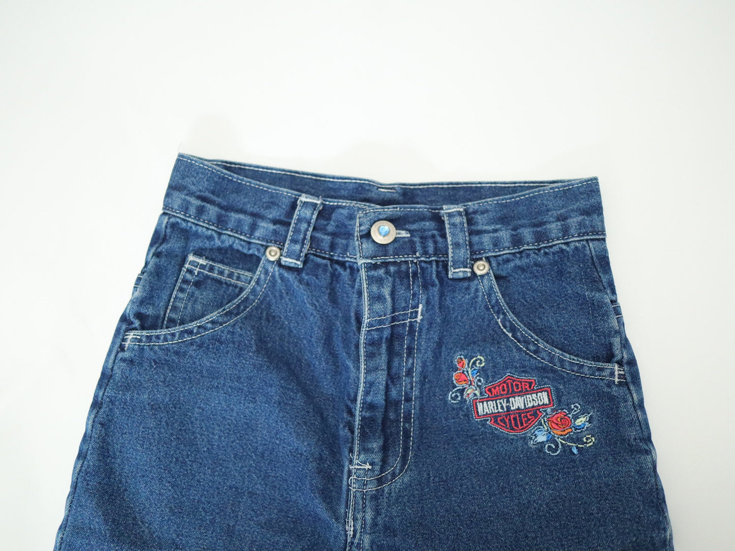 Retro Harley Davidson Embroidered Kids Denim Capri Pants, Capris, Crop Pants / Size 5-7Y