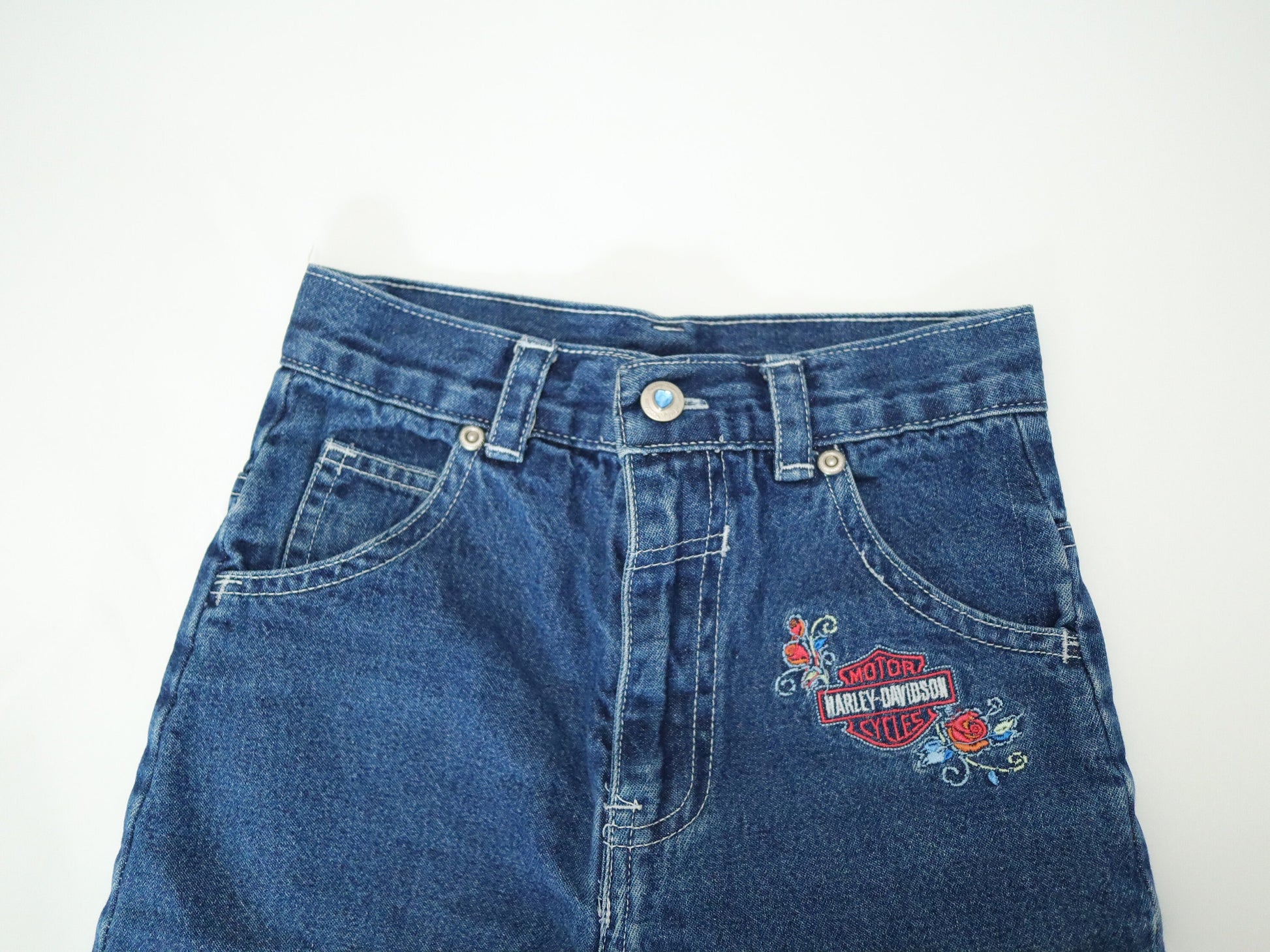 Retro Harley Davidson Embroidered Kids Denim Capri Pants, Capris, Crop Pants / Size 5-7Y