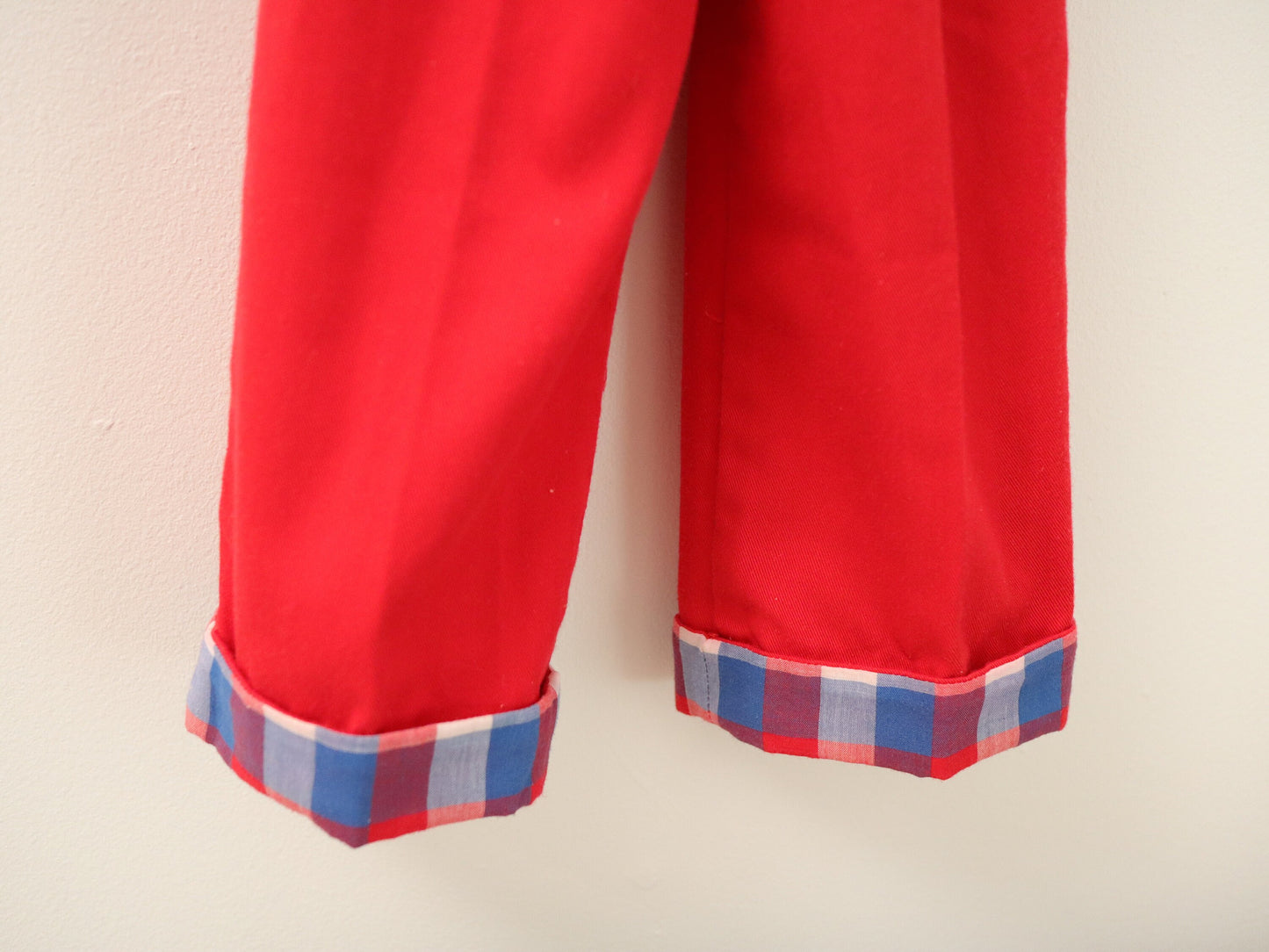 Vintage baby red suspender pants plaid lining with pockets / Size 12-18M
