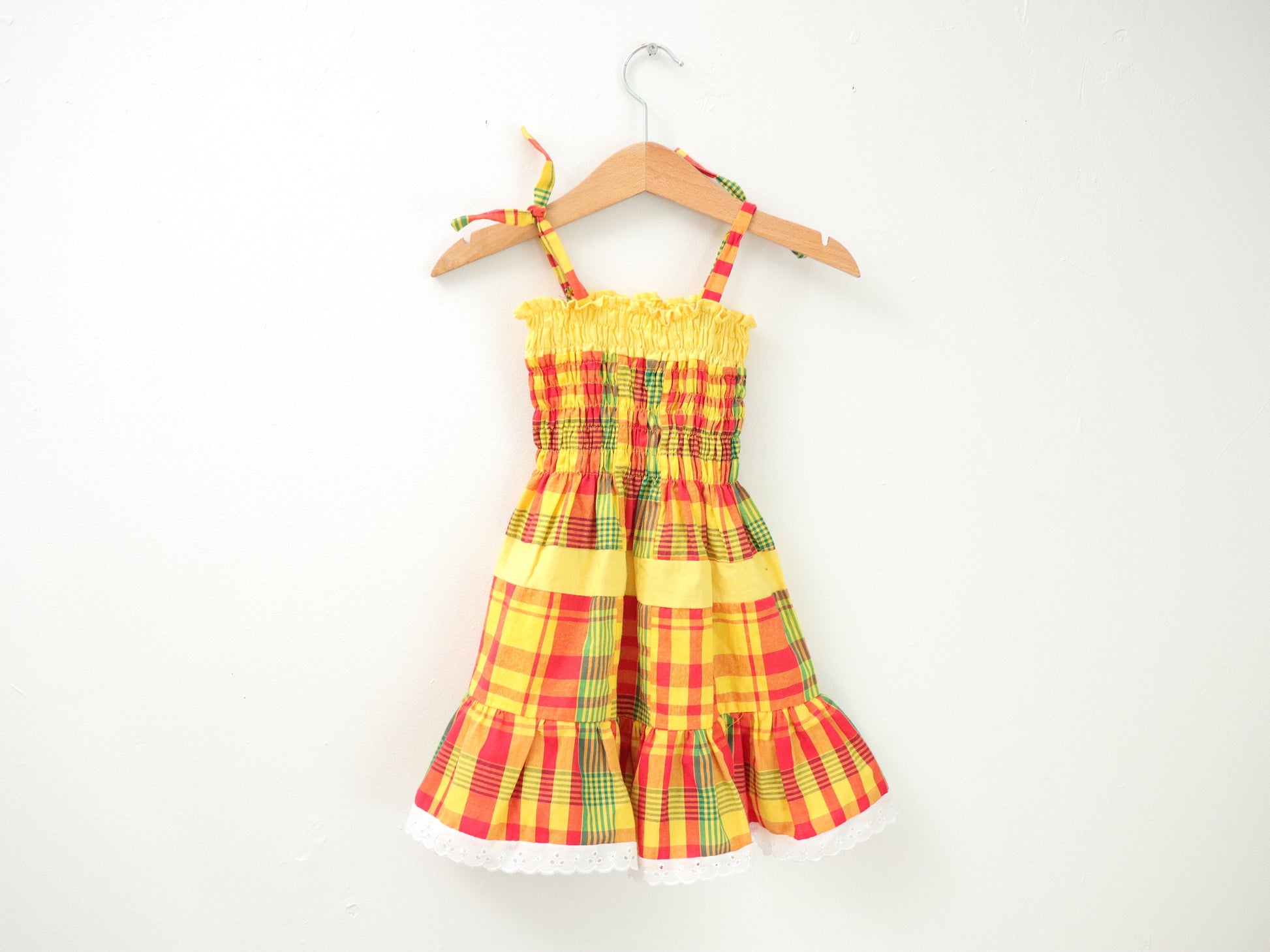 Retro plaid summer ribbon shoulder dress / Size 18-24M
