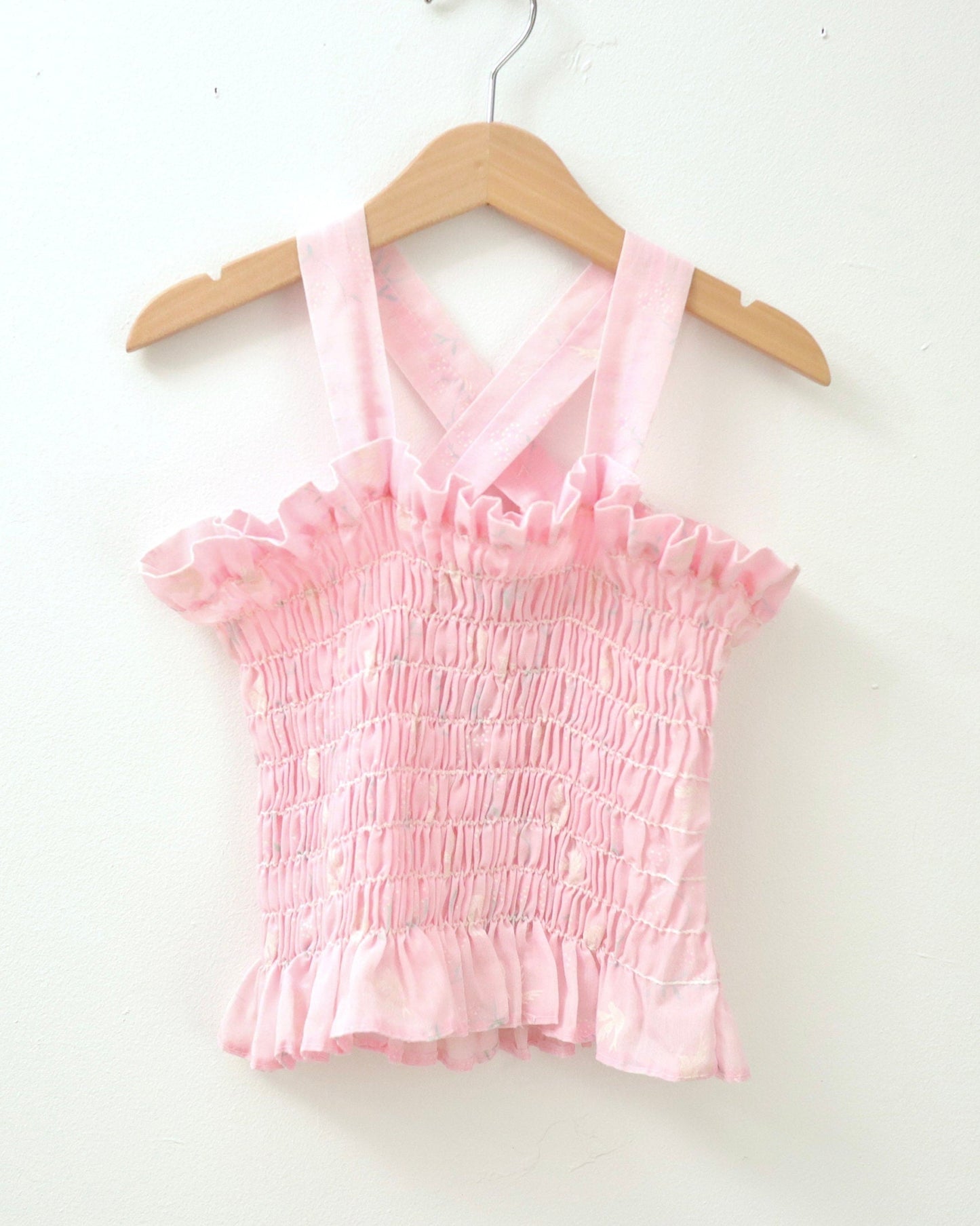 Vintage girl kids birds & flowers printed pink top / Size 4-5Y+