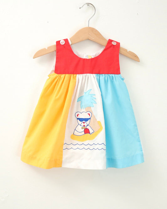 Vintage baby girl chilling bear at beach dress / Size 12M