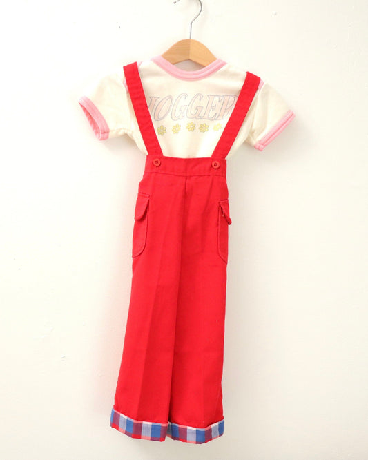 Vintage baby red suspender pants plaid lining with pockets / Size 12-18M