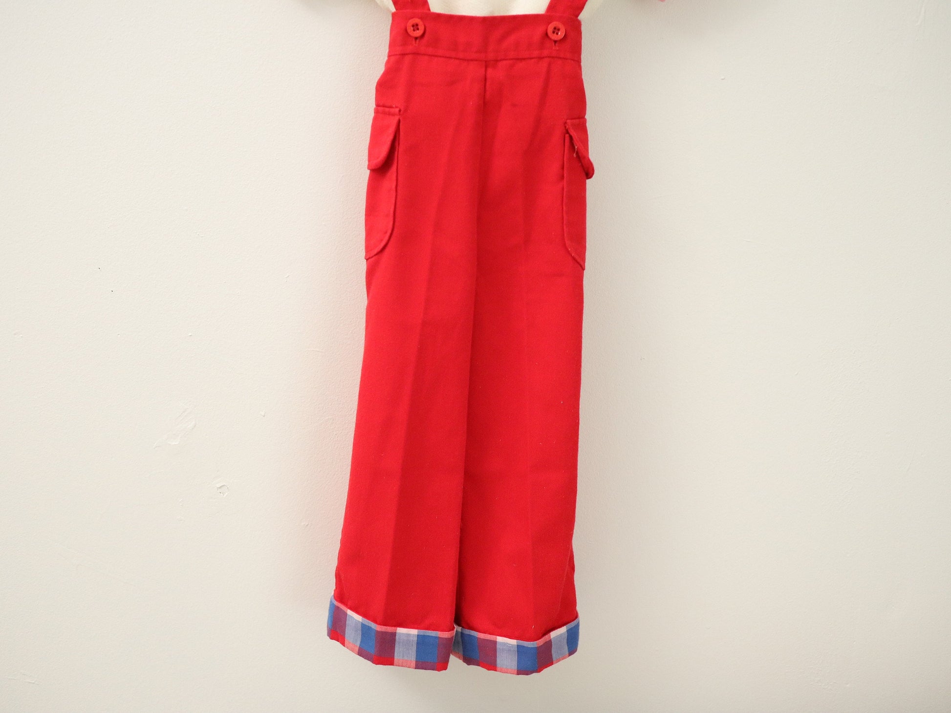 Vintage baby red suspender pants plaid lining with pockets / Size 12-18M