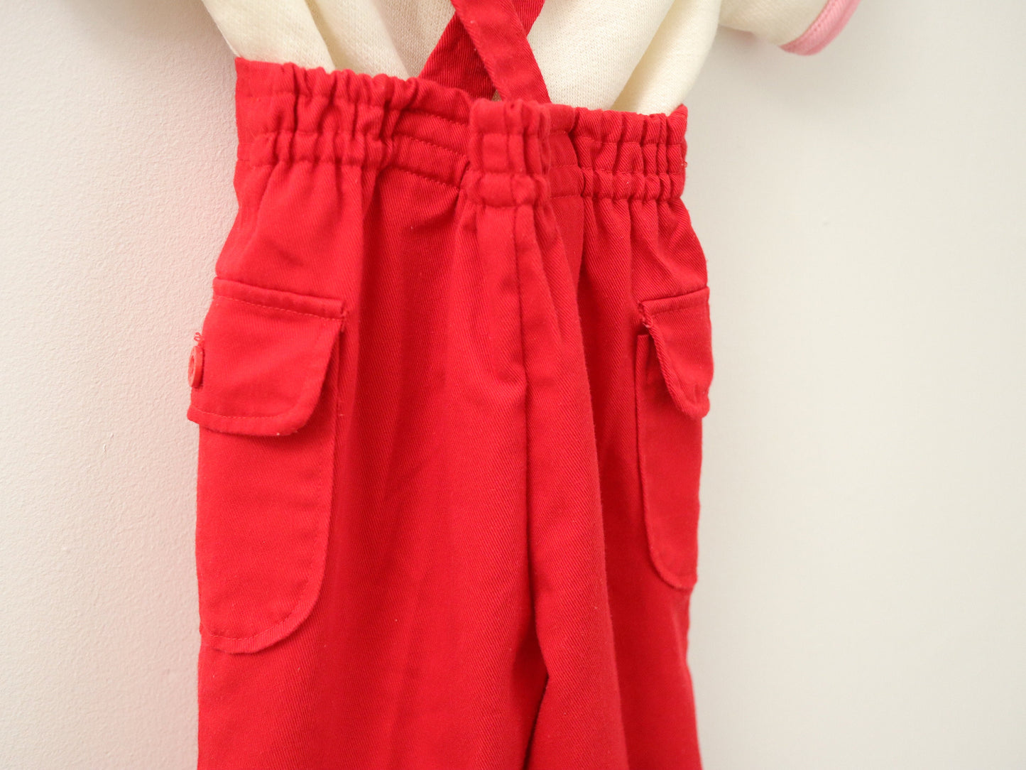 Vintage baby red suspender pants plaid lining with pockets / Size 12-18M