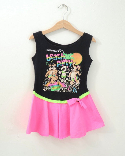 Vintage Black & Neon Pink Beach Party Kids Summer Romper / Size 3Y