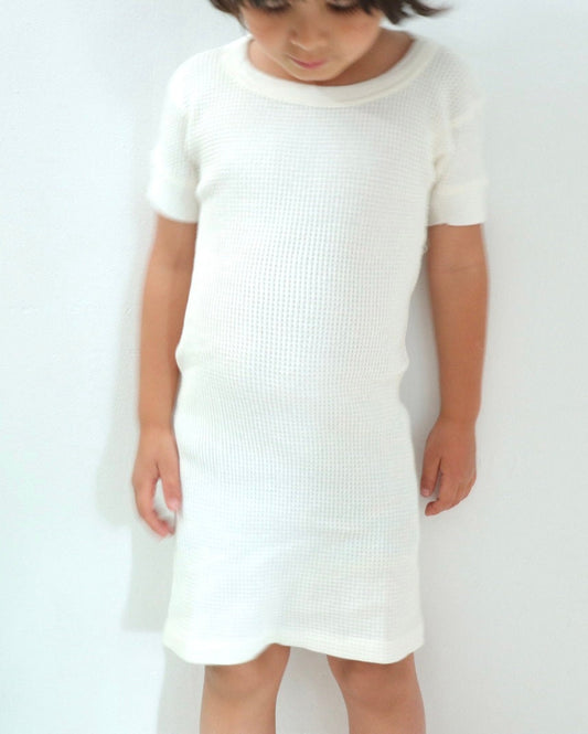 Vintage Kids White Waffle Tee Dress / Made in Canada / Size 4-6Y