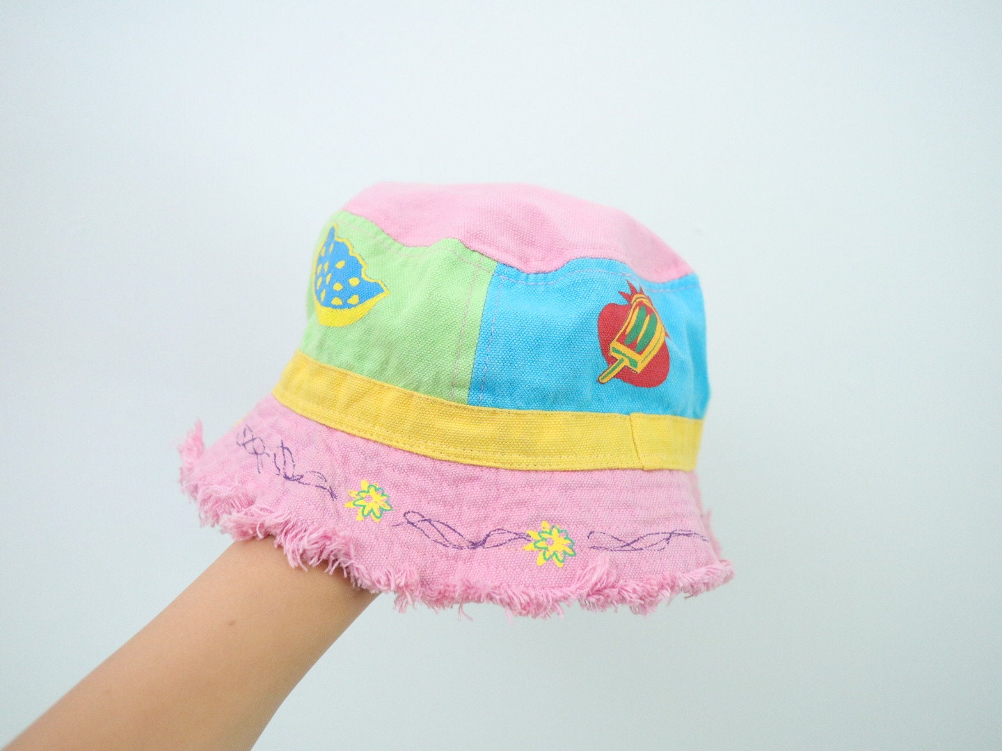 Vintage Kids Pink Summer Bucket Hat / Size 4-6Y / Ice Cream Watermelon Flower