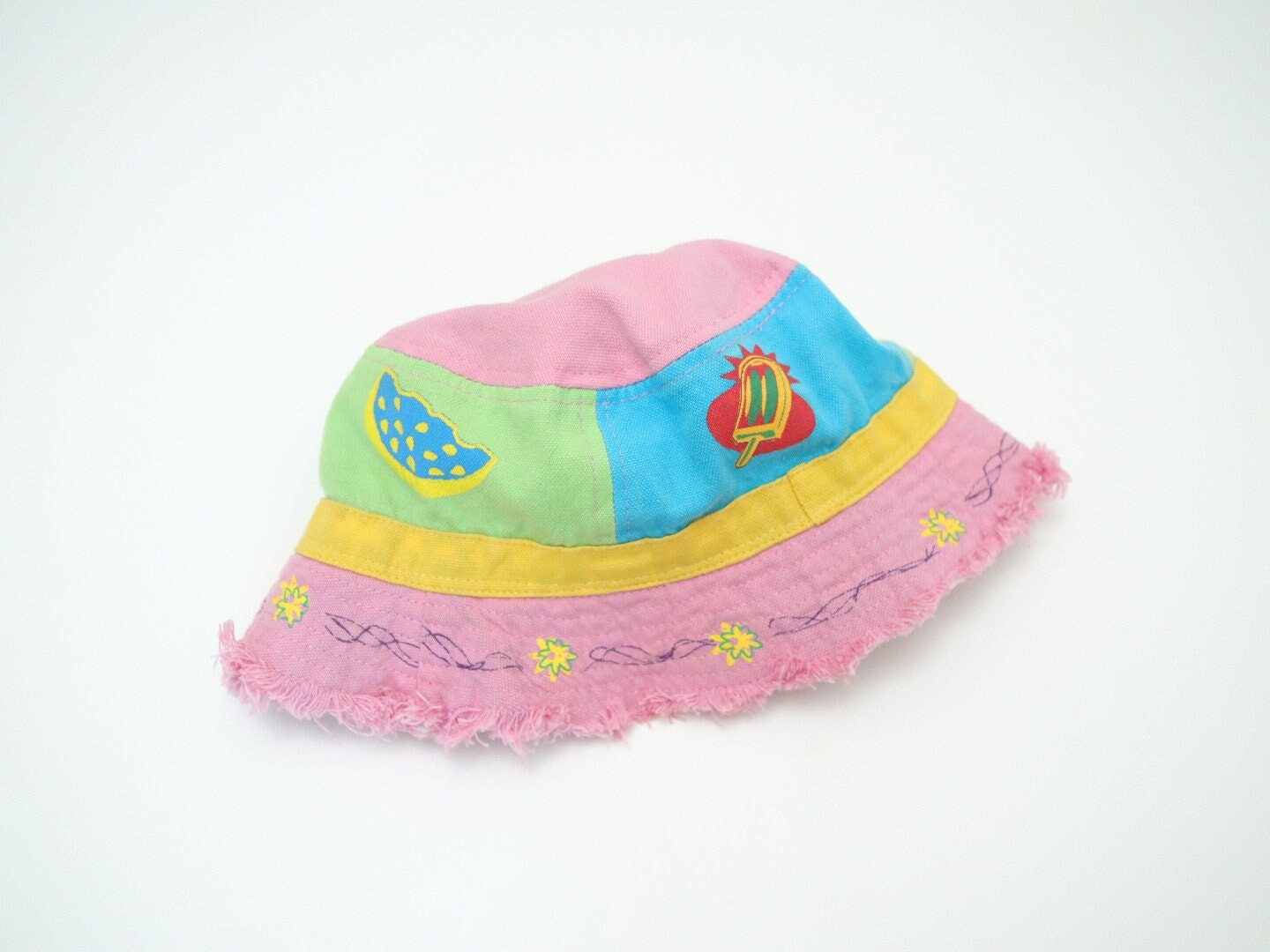 Vintage Kids Pink Summer Bucket Hat / Size 4-6Y / Ice Cream Watermelon Flower