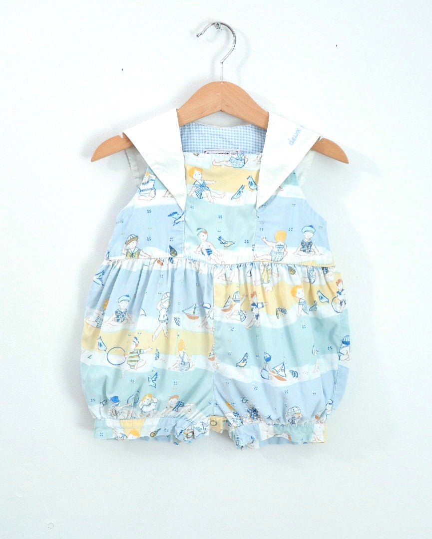 Vintage Deux par Deux Summer Beach Blue Baby Romper / 6-9M / Made in Canada