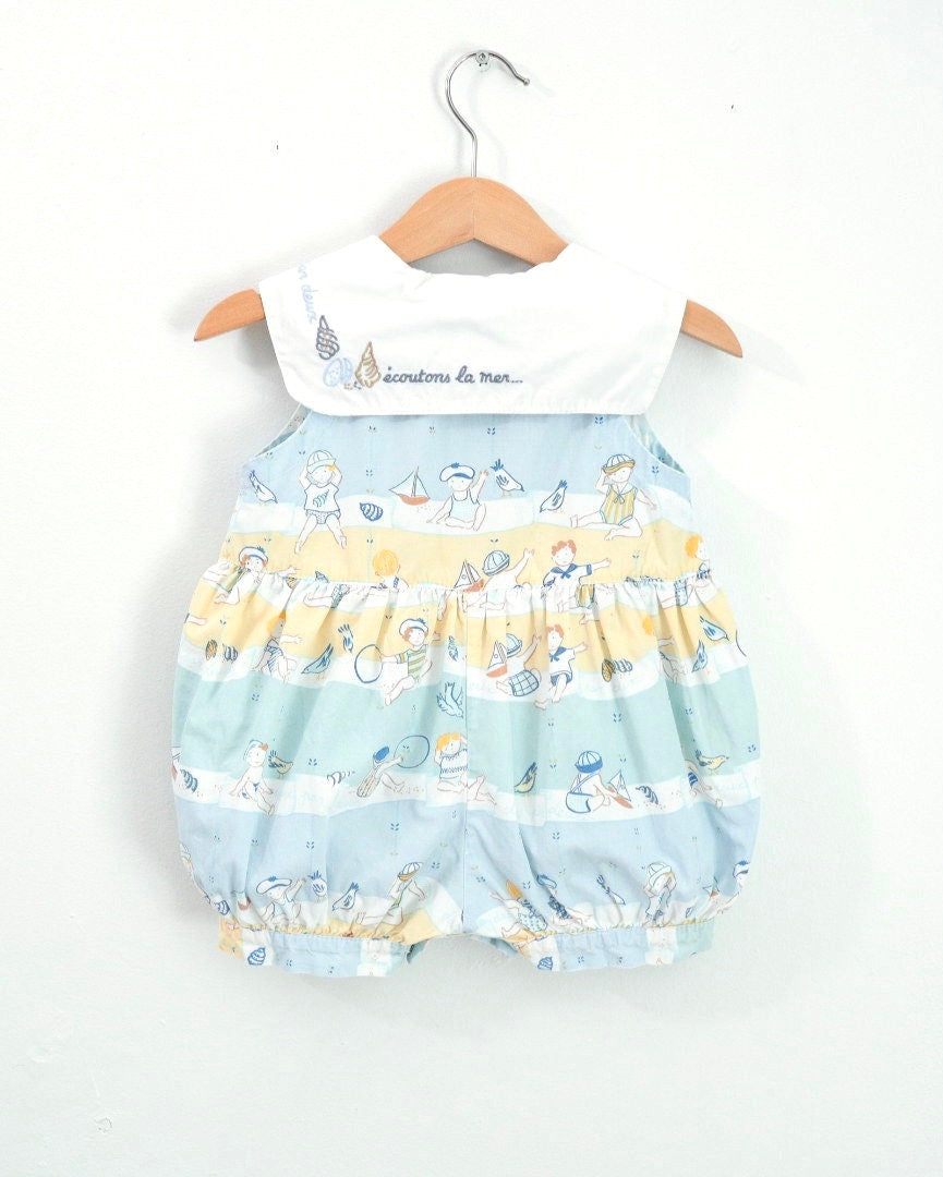 Vintage Deux par Deux Summer Beach Blue Baby Romper / 6-9M / Made in Canada
